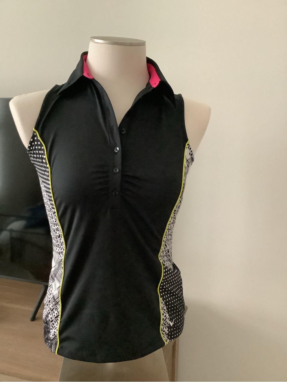 Callaway Black Polo Tank with Pink Collar and Yellow Piping